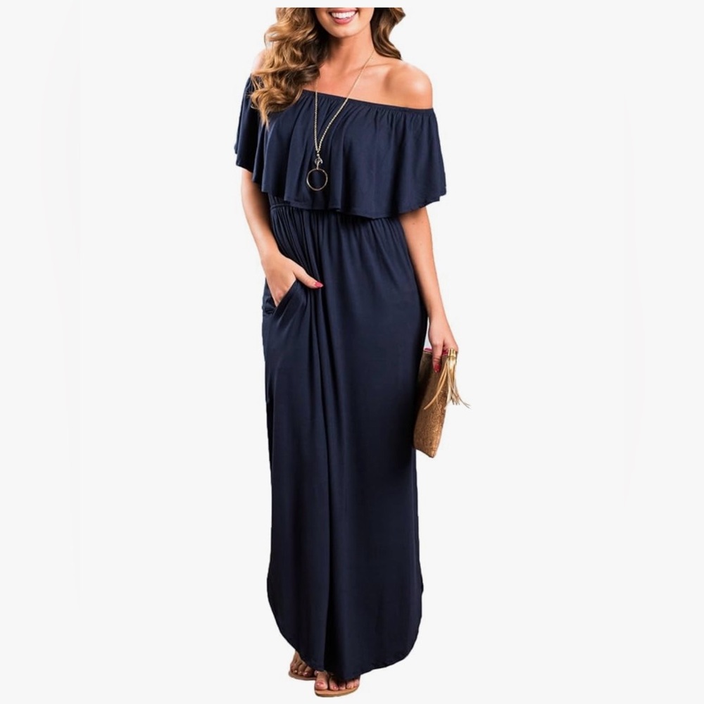 Womens Off The Shoulder Ruffle Party Dresses Side Split Beach Maxi Dress